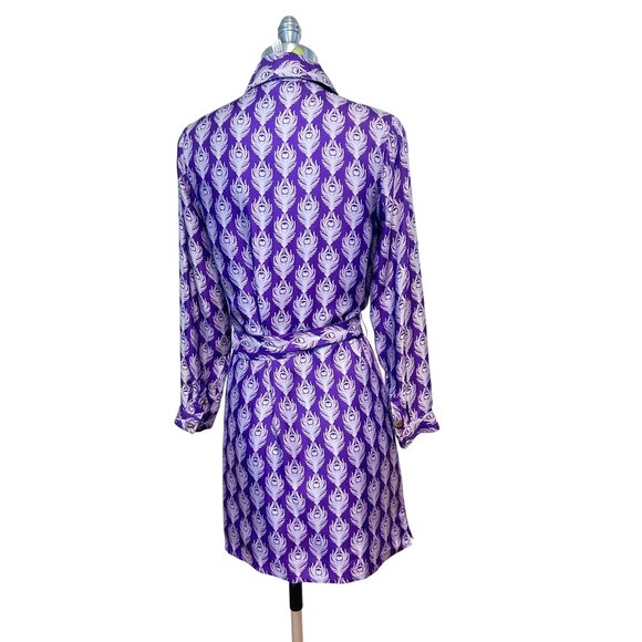 Elizabeth McKay Purple & White Print Silk Button-Down Shirt Dress With Belt Size - Picture 3 of 5
